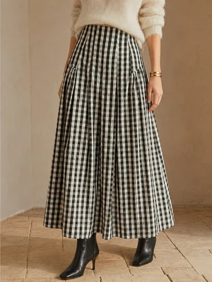 Gingham High-Waisted Pleated Midi Skirt | Commense