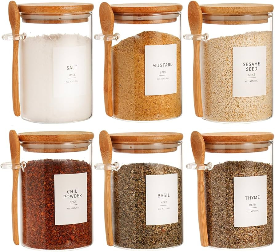 HHMJSM 6 Pcs Glass Jar with Bamboo Lid and Spoon - 17 oz Large Sugar Container with 148 Kitchen P... | Amazon (US)