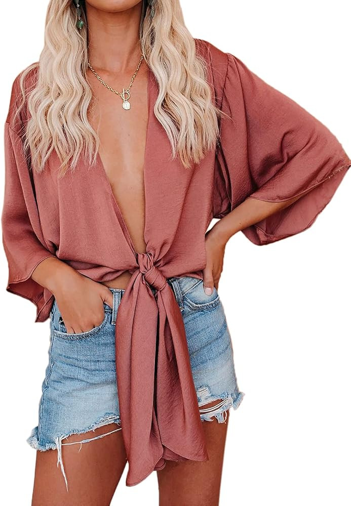 Dellytop Women's Deep V Neck Half Sleeve Tie Front Satin Crop Tops Blouse Shirt | Amazon (US)