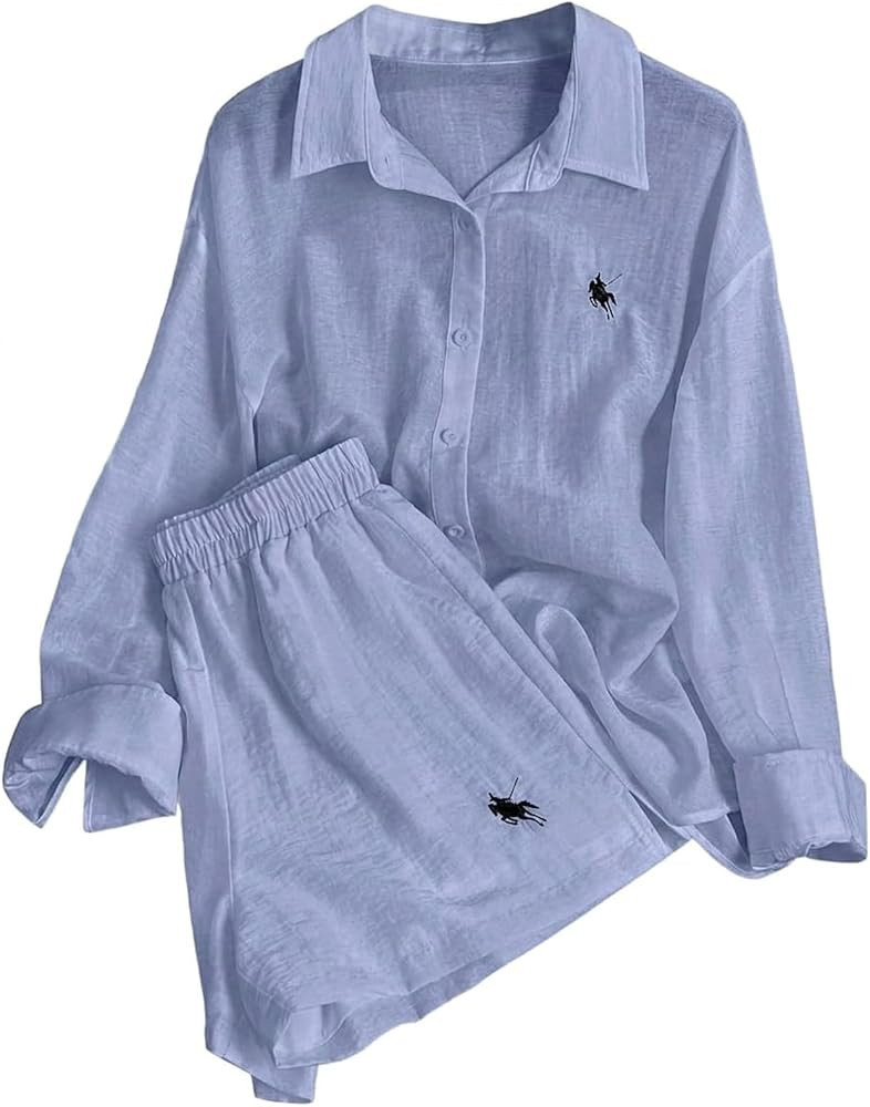 SweatyRocks Women's 2 Piece Linen Short Set Summer Outfits Pajama Gauze Set | Amazon (US)