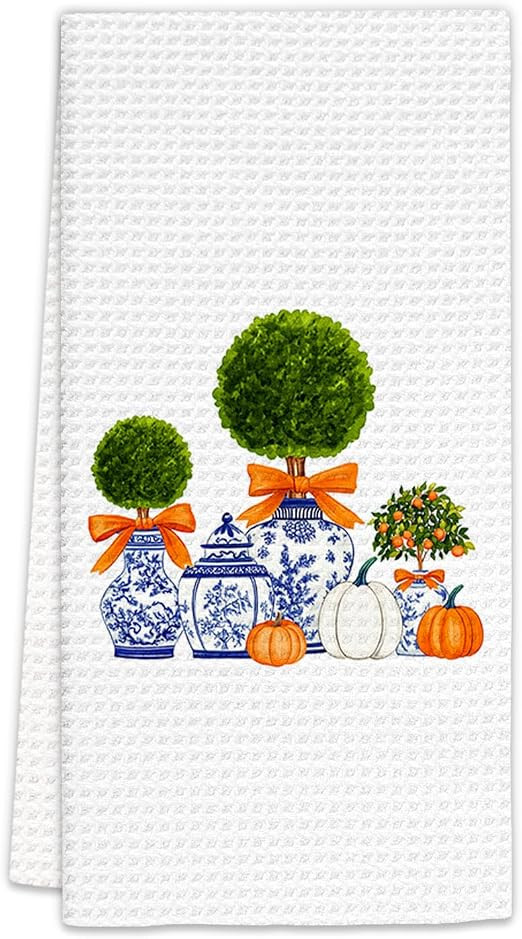 Chinoiserie Fall Pumpkin Kitchen Towels, Blue and White Porcelain Topiary Tree Decor Dish Towels,... | Amazon (US)