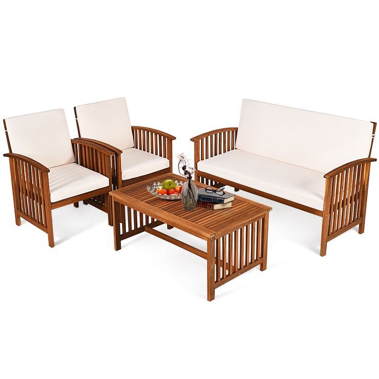 Costway 4PCS Patio Solid Wood Furniture Set Conversation Coffee Table W/White Cushion | Target