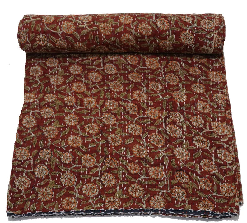 Rust Red Floral Kantha Quilt Reversible Cotton Bedspread | Orange Block Print Handmade Blanket | ... | Etsy (Global)