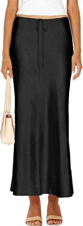 Womens Satin Silk Maxi Skirts Drawstring Flared Casual A-Line Long Skirt for Women | Amazon (US)