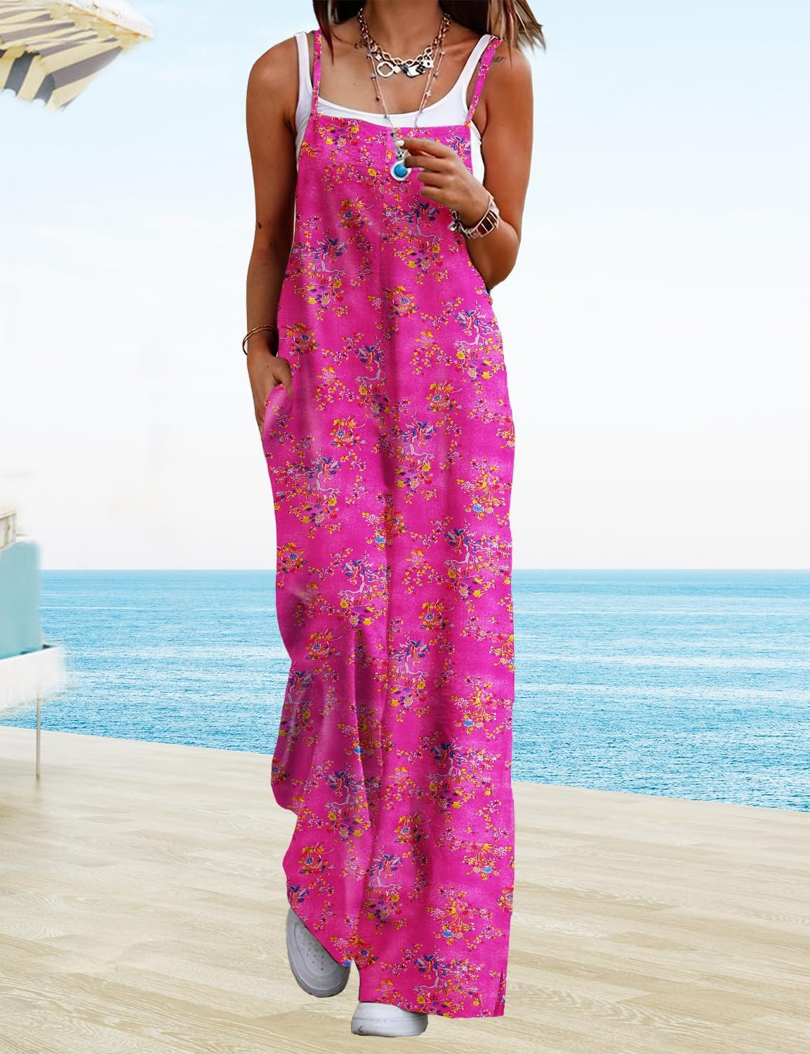 YESNO Women's 2023 Summer Casual Jumpsuits Wide Leg Overalls Floral Print Baggy Rompers with Pock... | Amazon (US)