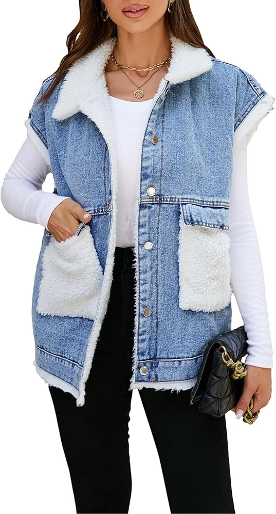 Shebote Womens Sherpa Fleece Lined Denim Vest Loose Sleeveless Wool Warm Jean Jacket Waistcoat Ou... | Amazon (US)