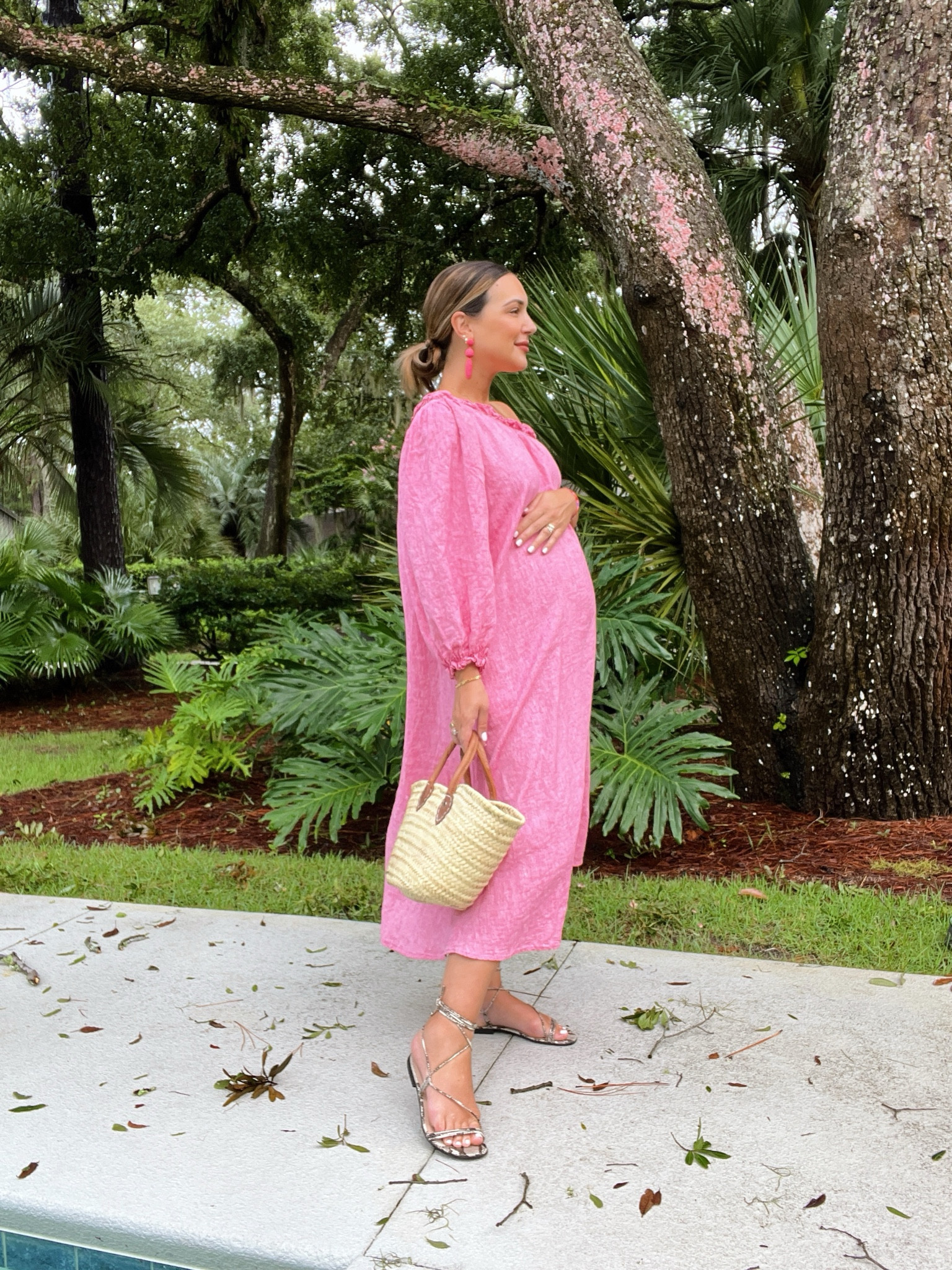 Pink linen midi dress, python wrap up sandals, straw bag with leather handles, hot pink earrings 

#LTKBump