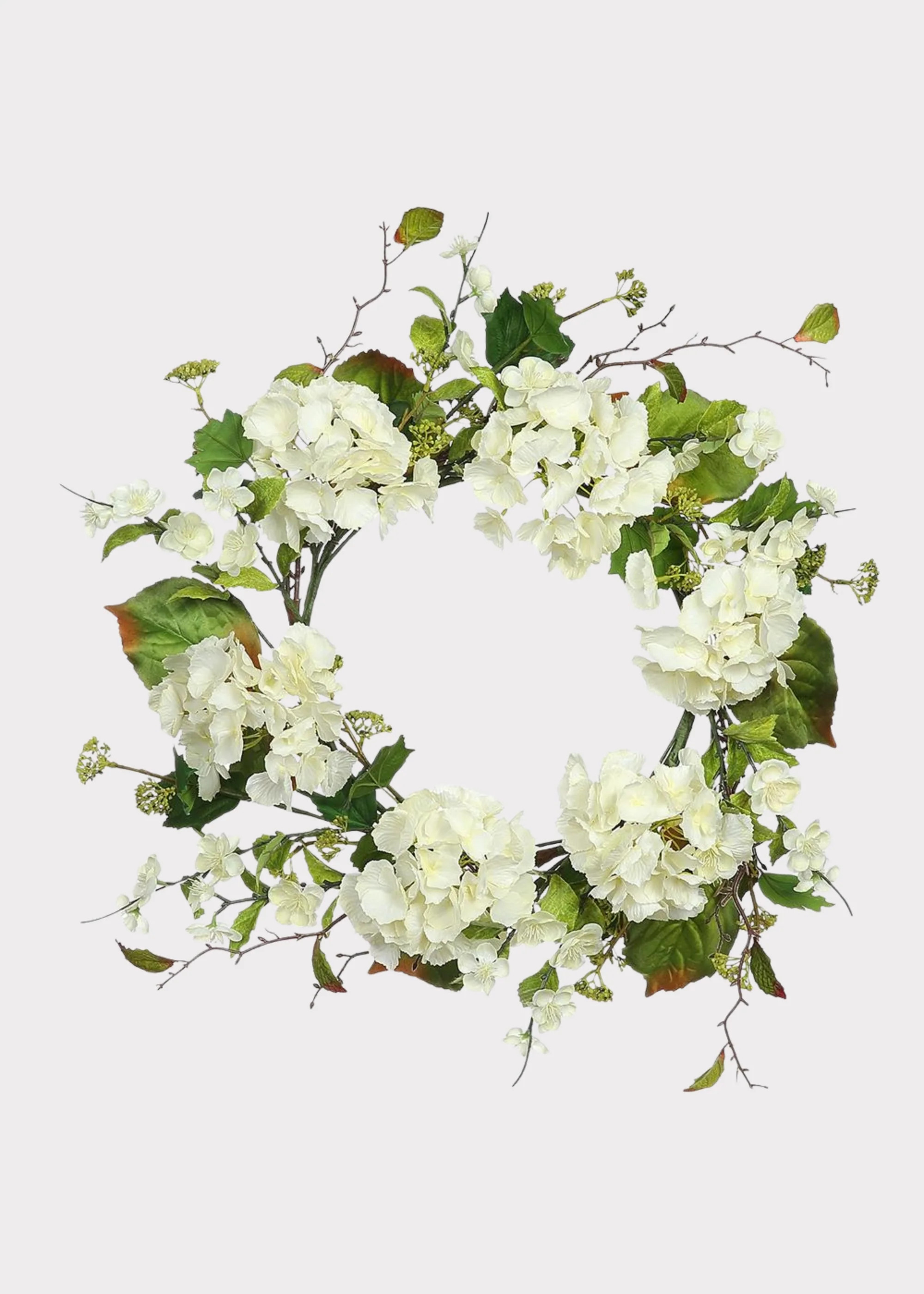 Artificial Hydrangea and Foliage Wreath in Cream Green - 24" | Afloral