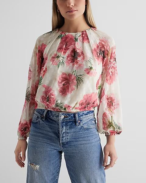 Floral Print Gathered Neck Balloon Sleeve Top | Express