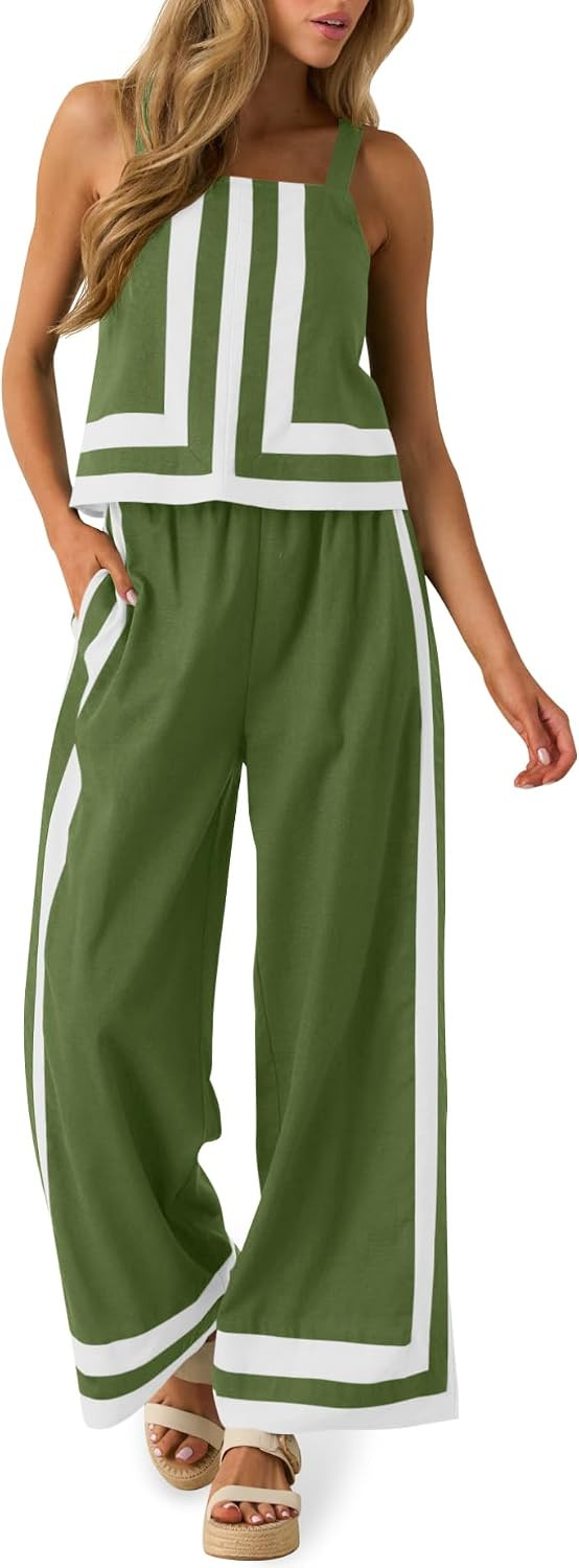 Tankaneo Womens 2 Piece Lounge Set Color Block Cami Top Wide Leg Pants Set | Amazon (US)