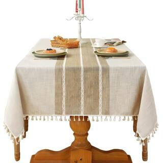 55 in. x 86 in. Coffee Rustic Cotton Linen Table Cloth, Waterproof Washable Tablecloth with Tassel for Rectangle Table | The Home Depot