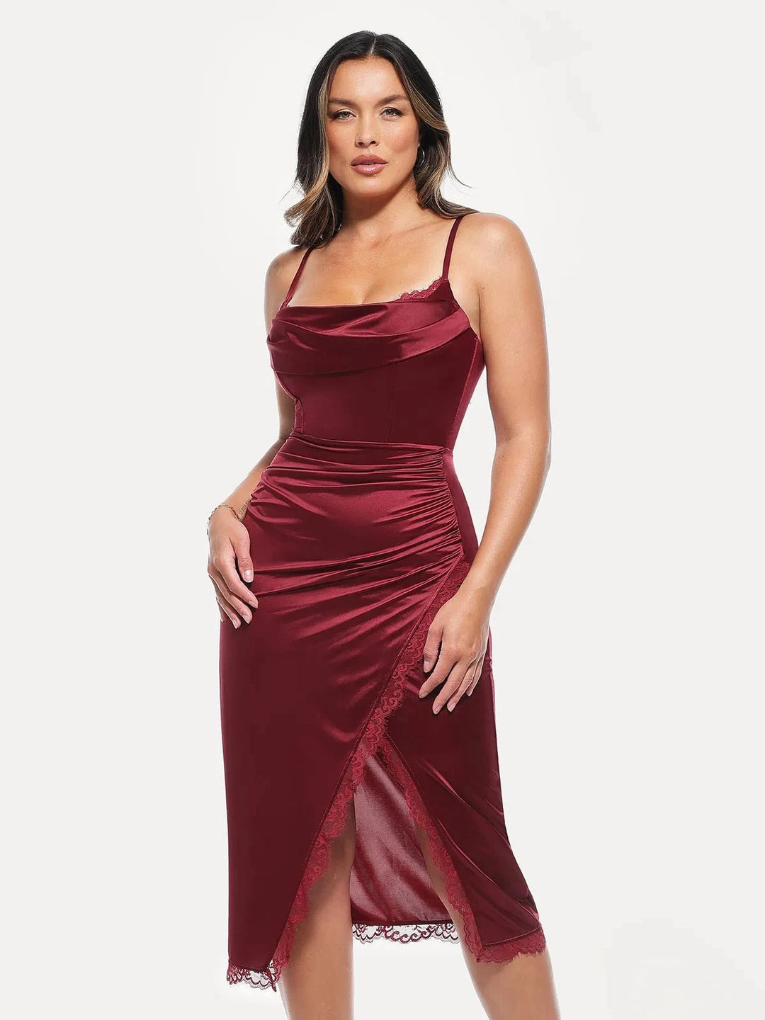 Lace Trim Sculpting Floral-Print Midi Dress | Popilush