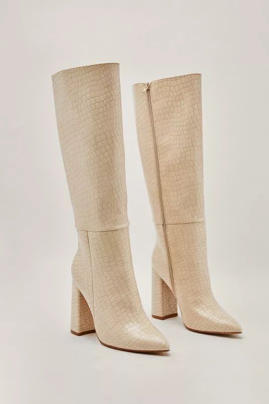 Faux Leather Croc Knee High Pointed Boots | NastyGal (UK, IE)