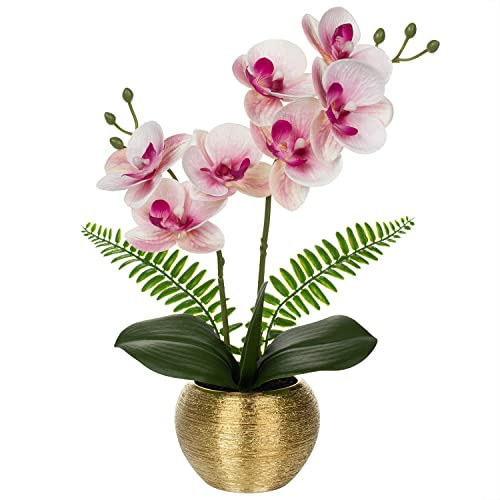 Briful Fake Orchid Fake Plant 13''Pink Orchids Artificial Flowers with Gold Ceramic Vase Faux Orchid for Home Office Gold Table Centerpiece Decor Indoor | Amazon (US)