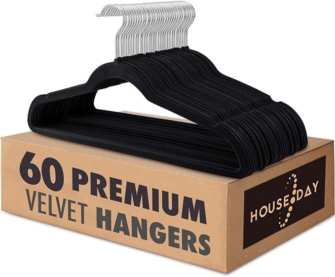HOUSE DAY Black Velvet Hangers 60PK, Durable Non Slip Black Felt Hangers, Space Saving Clothes Ha... | Amazon (US)
