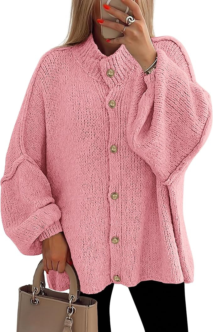 PRETTYGARDEN Women's Winter Button Down Cardigan Sweaters Mock Neck Lantern Long Sleeve Chunky Kn... | Amazon (US)