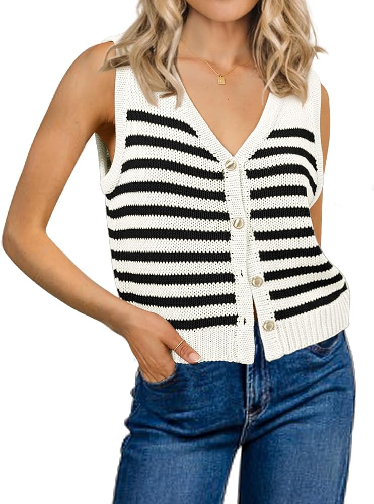 Womens Striped Sweater Vest Sleeveless Ribbed Tank Tops Color Block 2026 Trendy Button Down Shirt... | Amazon (US)