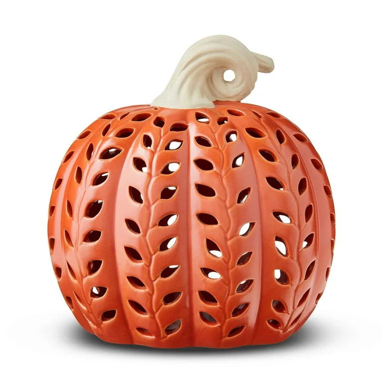 Ceramic Pumpkin with Light Tabletop Decor, Orange, 8", Harvest by Way To Celebrate | Walmart (US)