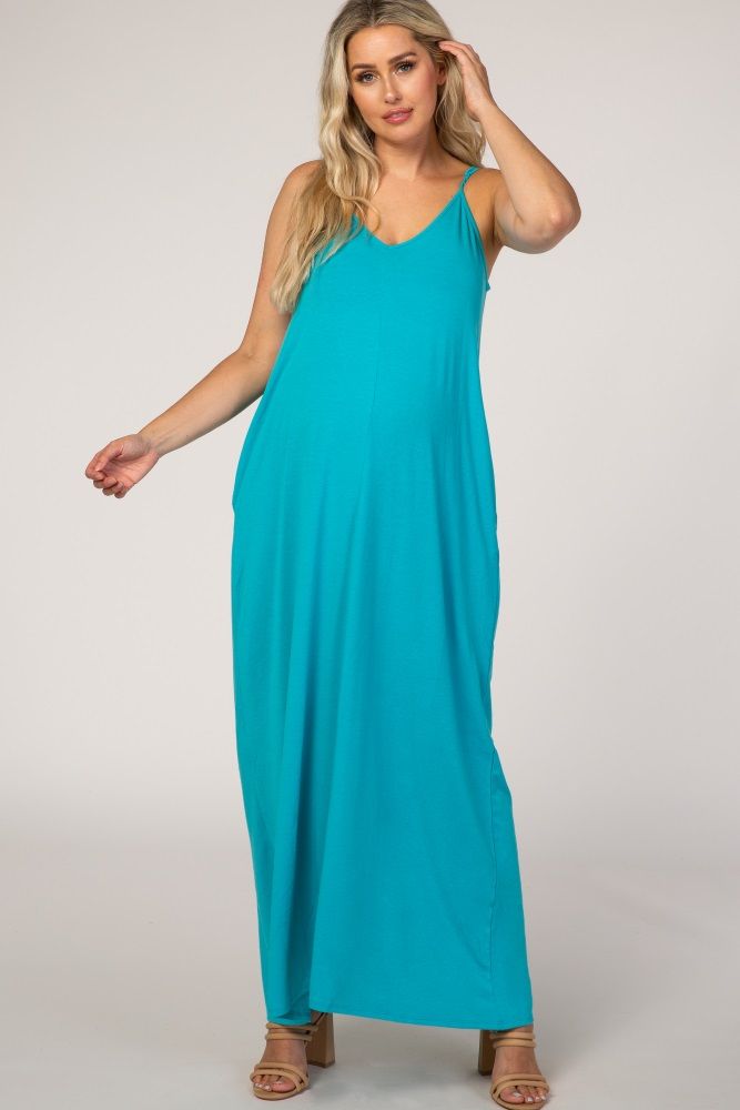 Turquoise Solid Cami Strap Maternity Maxi Dress | PinkBlush Maternity