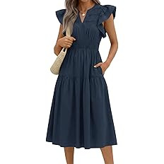 Wenrine Womens Summer Casual Midi Dress V Neck Short Sleeve Lace Elastic Waist Boho Beach Vacatio... | Amazon (US)