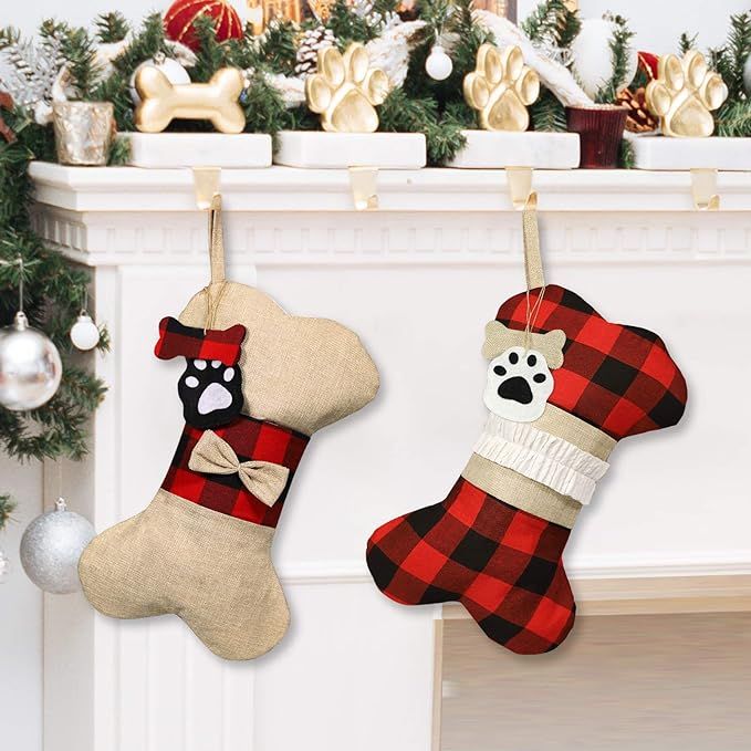 Alkey Pet Dog Christmas Stockings, 2Pcs 17 Inch Burlap Plaid Large Bone Shape Pets Christmas Stoc... | Amazon (US)