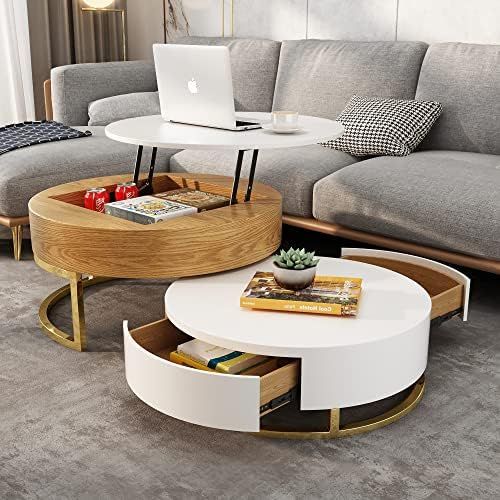 Amazon.com: Pucloce Lift Top Coffee Table with Hidden Compartment White Round Coffee Tables for Livi | Amazon (US)