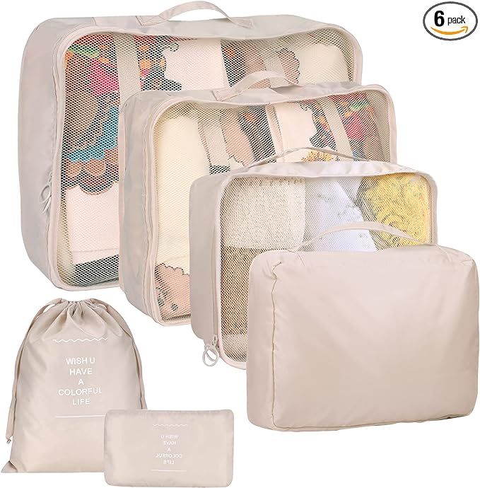 6 Set Packing Cubes for Suitcases, kingdalux Beige Travel Luggage Packing Organizers with Laundry... | Amazon (US)