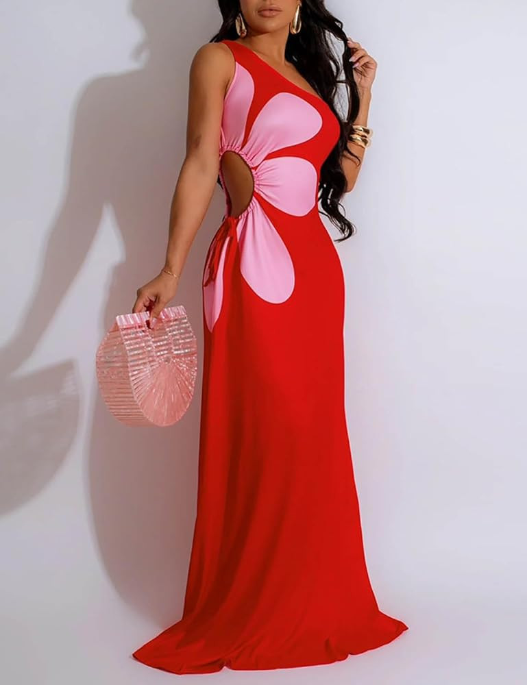 Yuopeid Women's Printed Dress Oblique Shoulder Sleeveless Stretchy Bodycon Cocktail Party Maxi Dr... | Amazon (US)