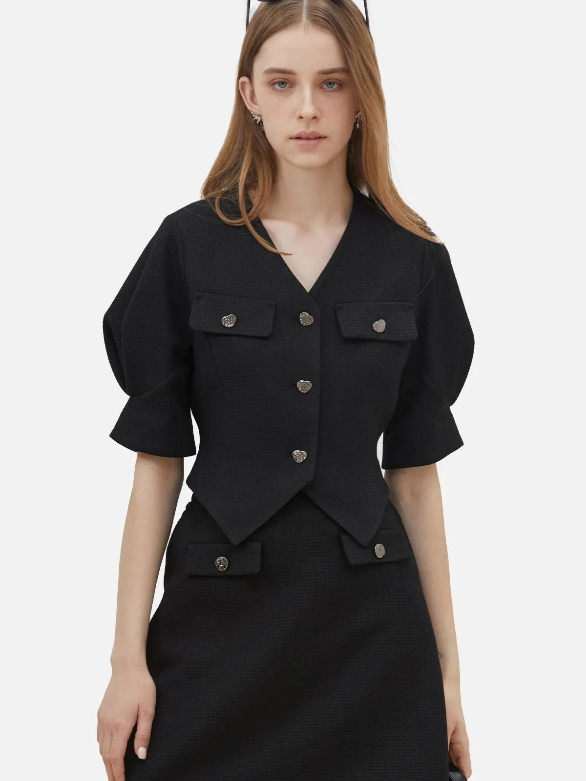 Retro V Neck Bubble Sleeve Short Jacket | SDEER
