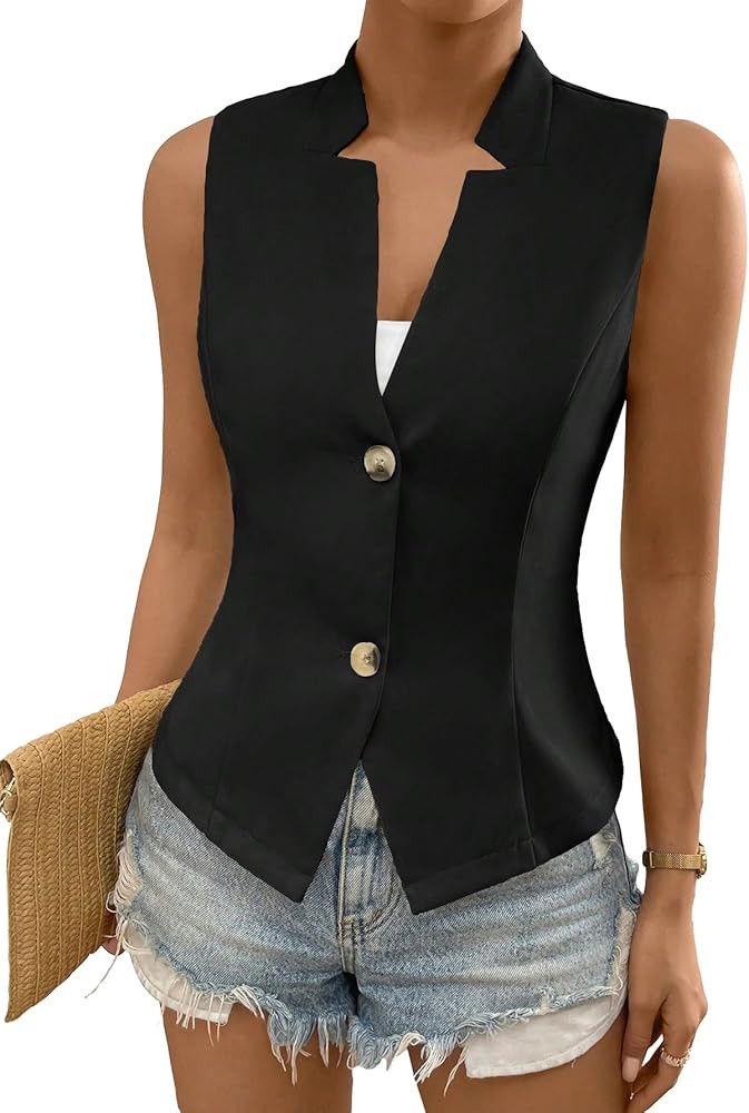 COZYEASE Women's Button Front Sleeveless Tank Top Solid Elegant Summer Blazer Outerwear | Amazon (US)