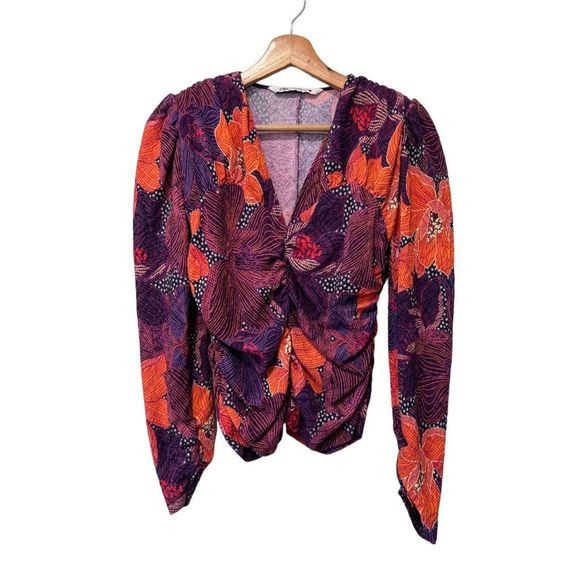 Zara Draped Printed Floral Long Puff Sleeve Top Blouse Purple Orange Size Medium | Poshmark