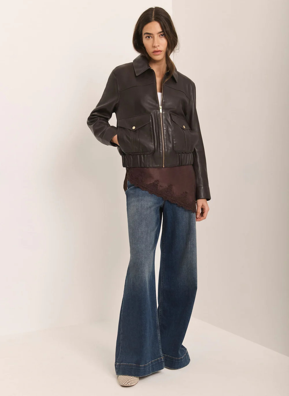 Brown Leather Collared Bomber Jacket | Mint Velvet