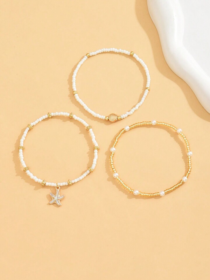 3pcs/Set Women Simple White Rice Bead/Faux Pearl Beaded Anklet With Golden Starfish & Seashell Ch... | SHEIN
