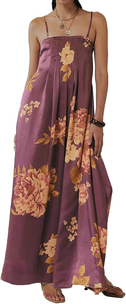 ABYOVRT Women Boho Floral Maxi Dress Backless Spaghetti Strap A-Line Flowy Summer Vacation Long D... | Amazon (US)