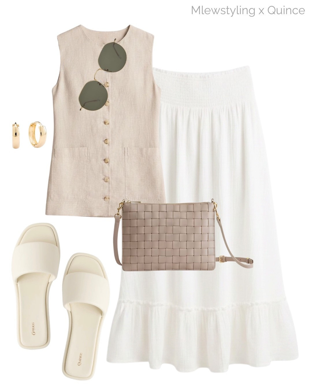 Quiet luxury summer uniform ✨

#QuincePartner @Quince
Tags: summer outfit, linen vest, white midi skirt, leather slide sandals, gold hoop earrings, neutral bag, elevated everyday look, capsule wardrobe, outfit formulas, old money style

#LTKsummer #LTKstyletip #LTKbag