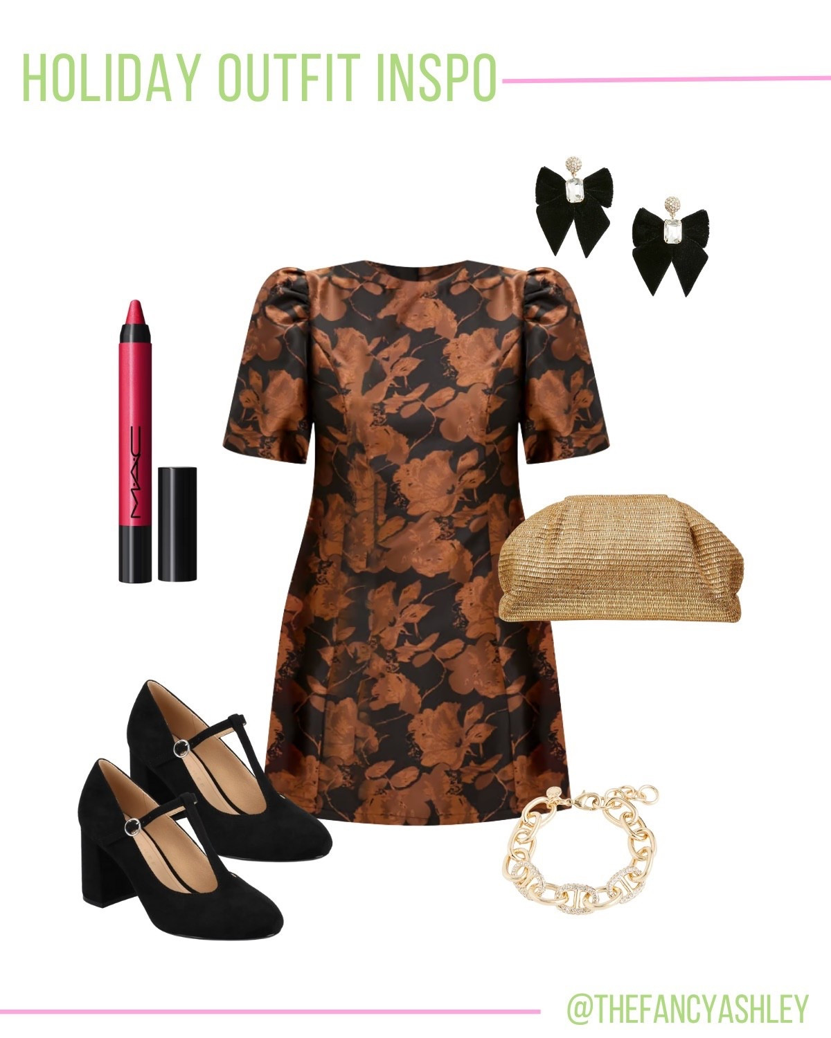 Holiday outfit inspo! Love this holiday look - holiday dress perfection courtesy of Tuckernuck. This mini black & copper floral is gorgeous and works for Thanksgiving or all your holiday events. Paired with the cutest bow earrings, clutch, and velvet Mary Jane heels. So good! Holiday outfit | party dress | Thanksgiving outfit | holiday style | festive dress | Christmas outfit | dressy look

#LTKHoliday #LTKStyleTip #LTKSeasonal