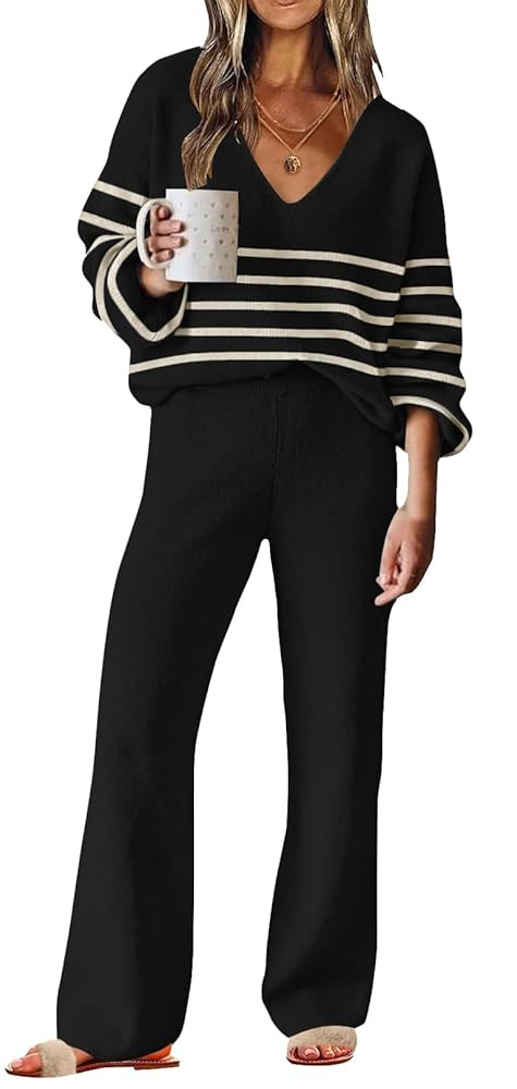 ETCYY NEW Womens 2 Piece Outfits Sweater Lounge Set Casual V Neck Knit Pajama Set Long Sleeve Top... | Amazon (US)