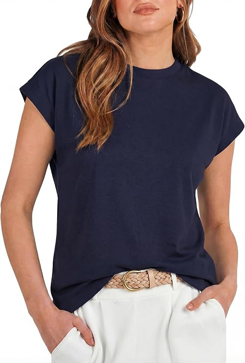 Women's Summer Tops Cap Sleeve Basic Tee Shirts Casual Tank Top Loose Crew Neck 2026 Trendy Cloth... | Amazon (US)