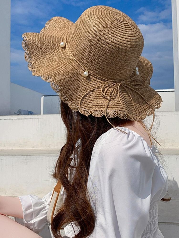 1pc Women Faux Pearl Decor Boho Straw Hat, For Travel | SHEIN