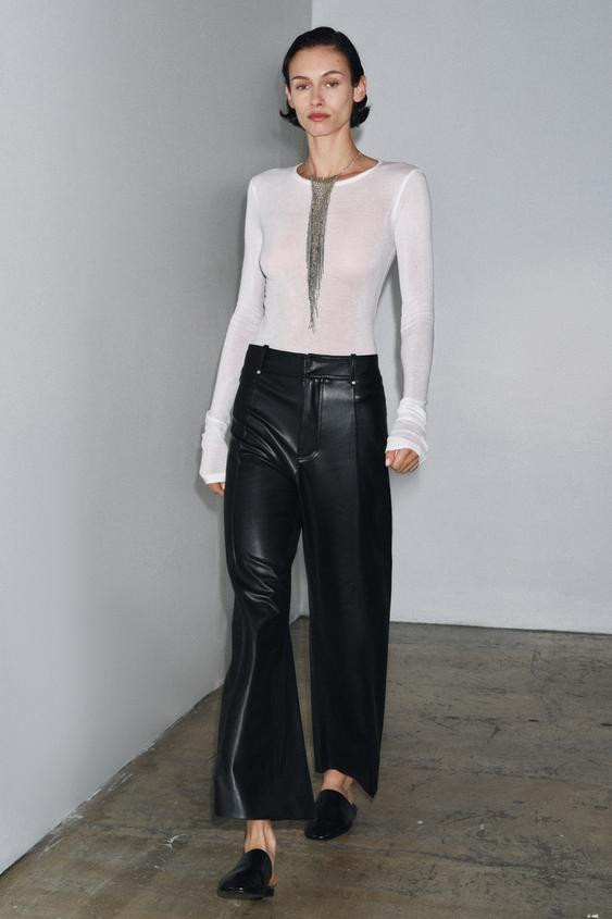 ZW COLLECTION TAILORED WIDE-LEG LEATHER-EFFECT TROUSERS | Zara UK
