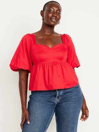 Puff-Sleeve Poplin Peplum Top | Old Navy (US)