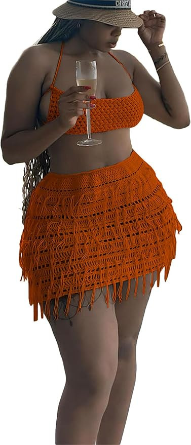 CALEBGAR Women 2 Piece Outfits Sexy Crochet Mini Dress Hollow Tassel Skirts Sets Summer Bandage T... | Amazon (US)