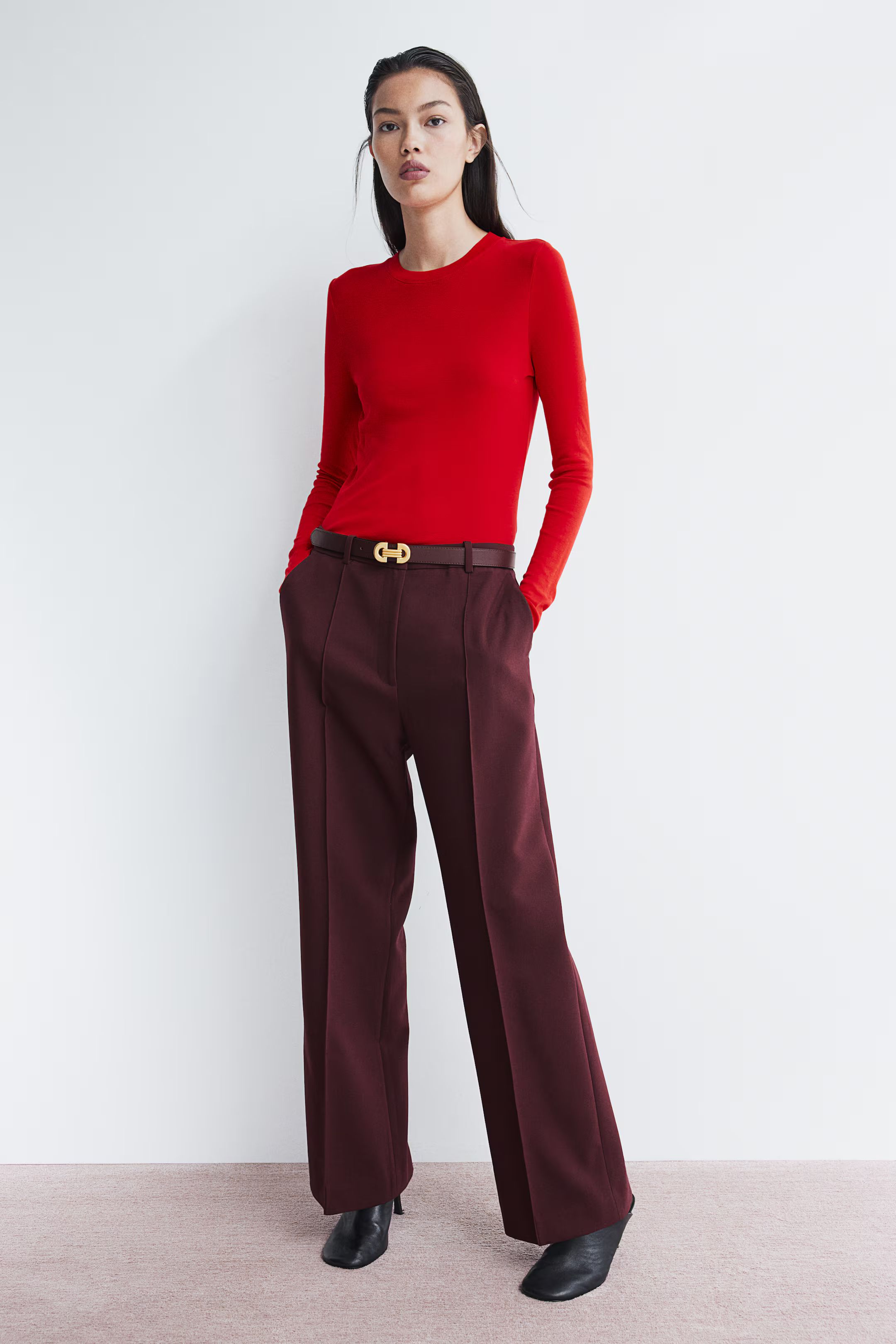 Crease-front Pants - High waist - Long - Burgundy - Ladies | H&M US | H&M (US + CA)