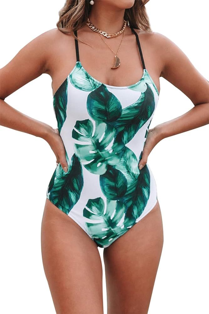 CUPSHE Women's Tropical Leaf Print Lined Lace Up Back Padded One Piece Swimsuit | Amazon (US)