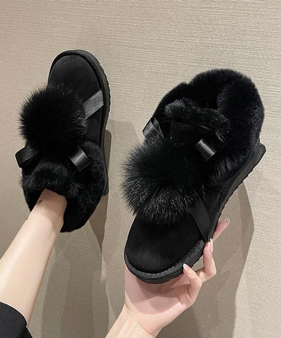 NANIYA Women's Cold Weather Boots Black - Black Fuzzy Pom-Pom Ankle Boot - Women | Zulily