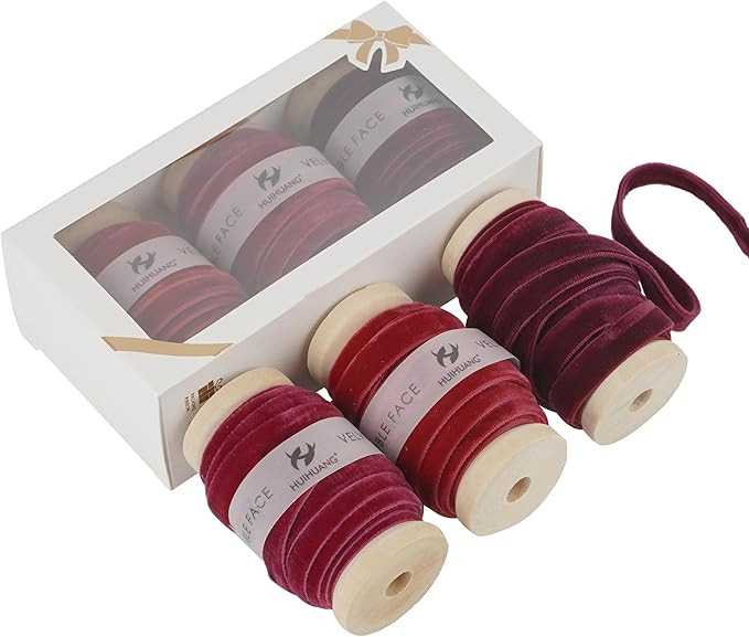 HUIHUANG Christmas Velvet Ribbon 3/8 inch Double Face Red/Burgundy/Wine Red Velvet Ribbon Set for... | Amazon (US)