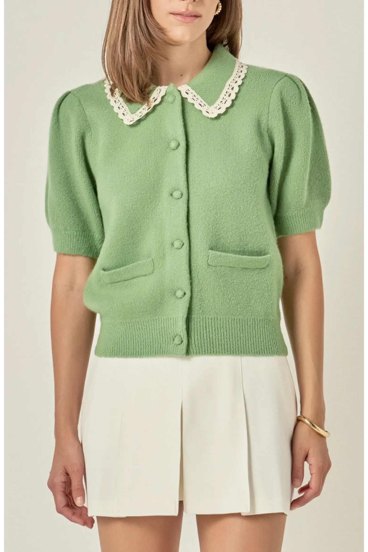 English Factory Lace Trim Puff Sleeve Cardigan (Women) | Nordstrom | Nordstrom