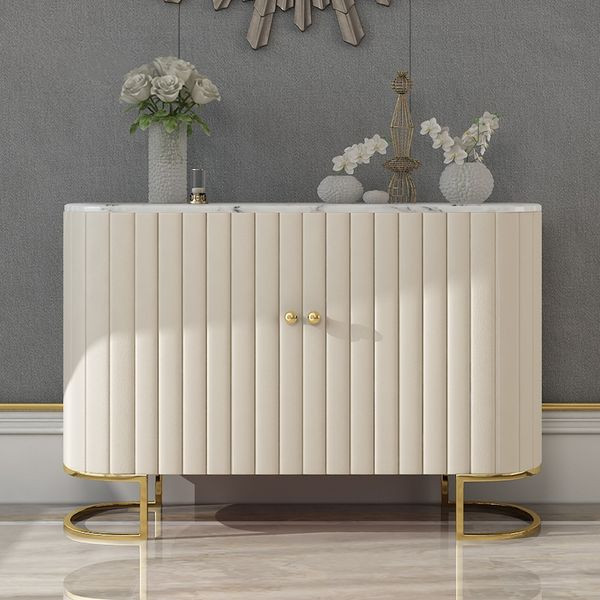 Epaule Off White Modern Sideboard Buffet PU Leather Cabinet with Doors&Drawers Gold | Homary