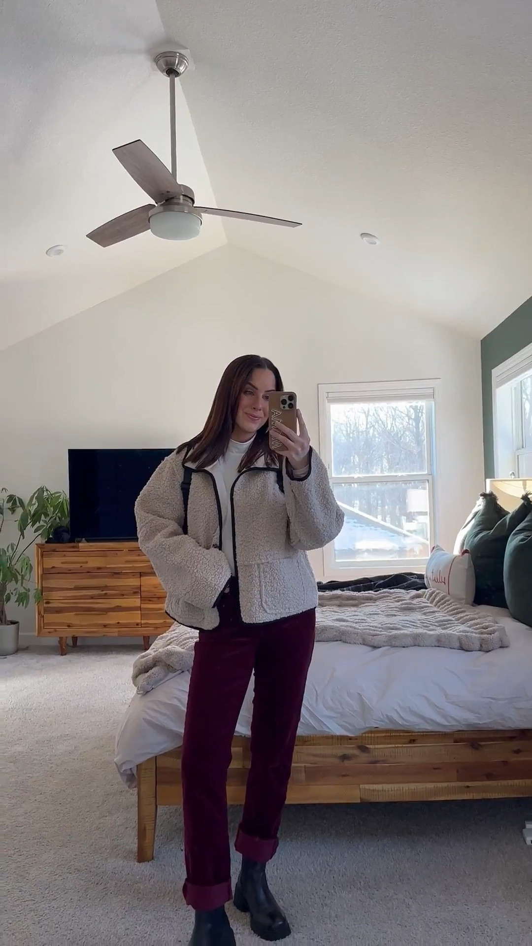 Casual winter outfit - this Sherpa jacket is from habitat but linked similar! Burgundy corduroy pants 30% off in multiple colors! M top, 4 reg pants & my belt is target! 

#LTKFindsUnder100 #LTKootd #LTKFindsUnder50