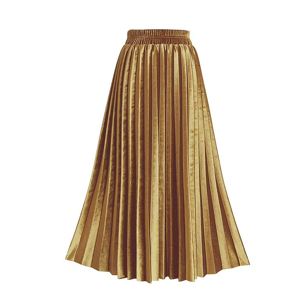 TONCHENGSD Women's High Elastic Waist Velvet Midi Long Pleated Swing Ruffled Skirt | Amazon (US)